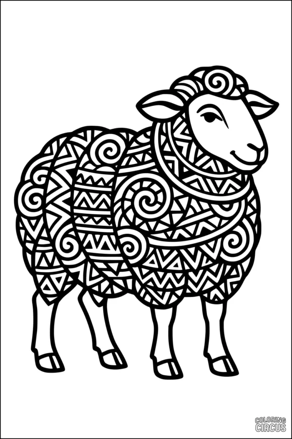 Coloring page featuring a sheep with detailed geometric patterns and swirls in its fleece