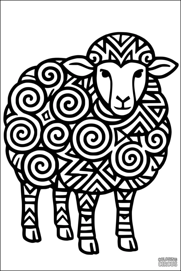 Coloring page showing a sheep with spirals and geometric shapes in its wool
