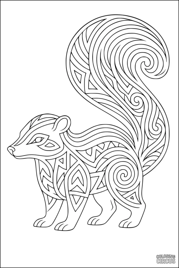 Coloring page with a stylized skunk full of swirling geometric patterns, ideal for creative coloring activities