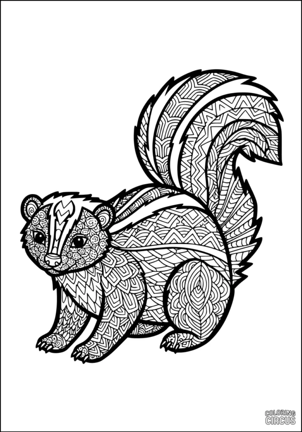 Coloring page featuring a skunk with decorative doodle patterns