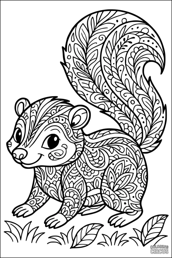 Coloring page featuring a patterned skunk with intricate floral designs and a large fluffy tail in a grassy meadow