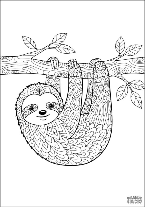 Coloring page of a patterned sloth hanging on a tree branch in the forest