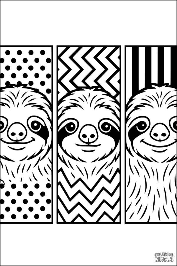 Coloring page featuring three smiling cartoon sloths, each in a separate panel with different patterned backgrounds: polka dots, zigzags, and stripes.