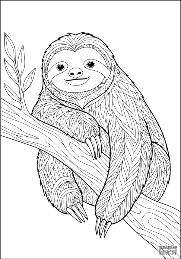 Coloring page of a detailed sloth with patterned fur on a tree branch