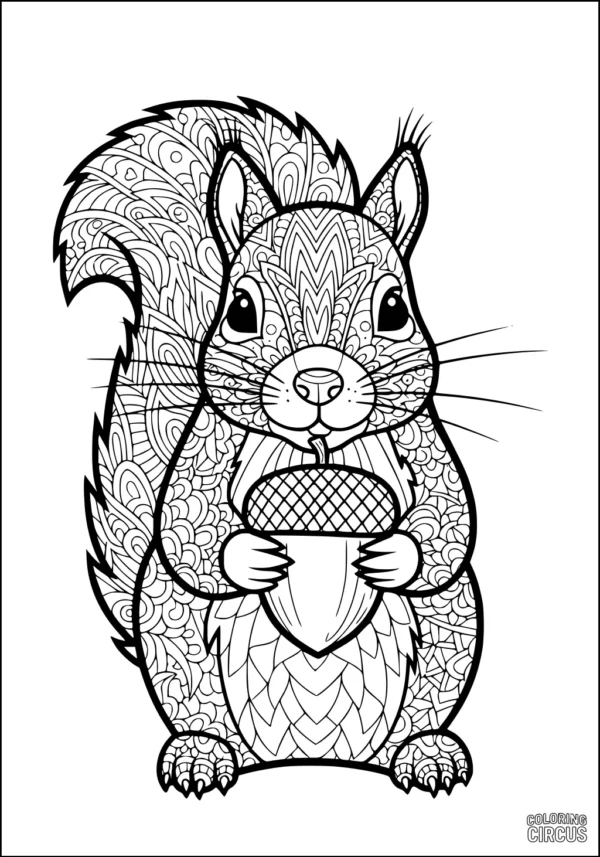 Coloring page of a patterned squirrel holding an acorn with intricate designs for older children and adults