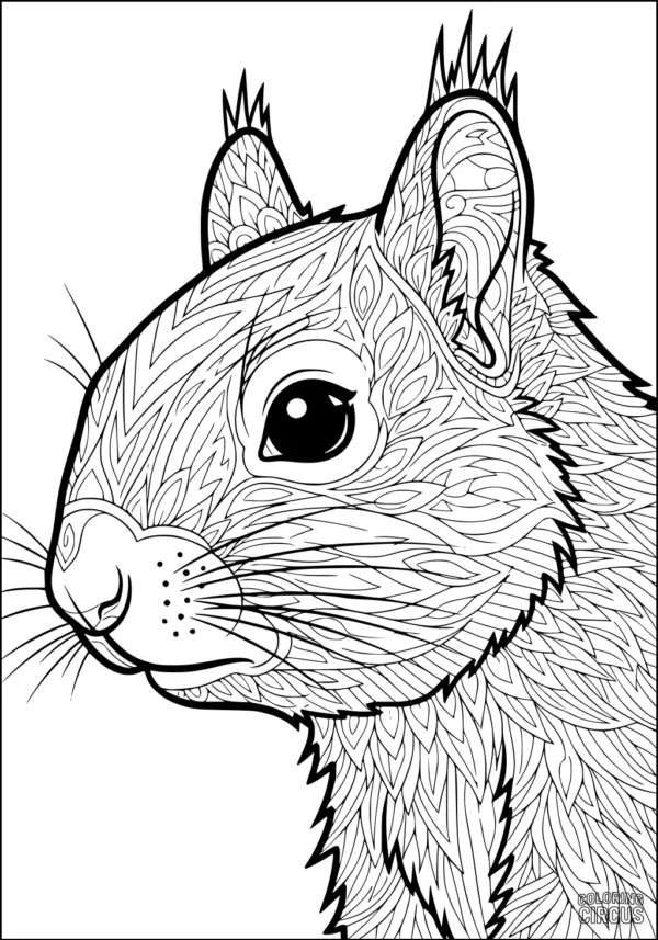 Coloring page of a highly detailed patterned squirrel with intricate leaf-like designs