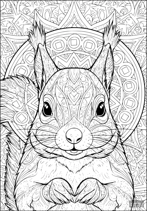 Coloring page featuring an intricate patterned squirrel with mandala floral background