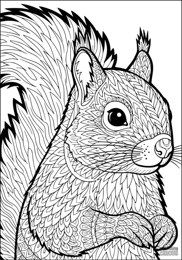 Coloring page of a detailed patterned squirrel with a large fluffy tail and intricate designs