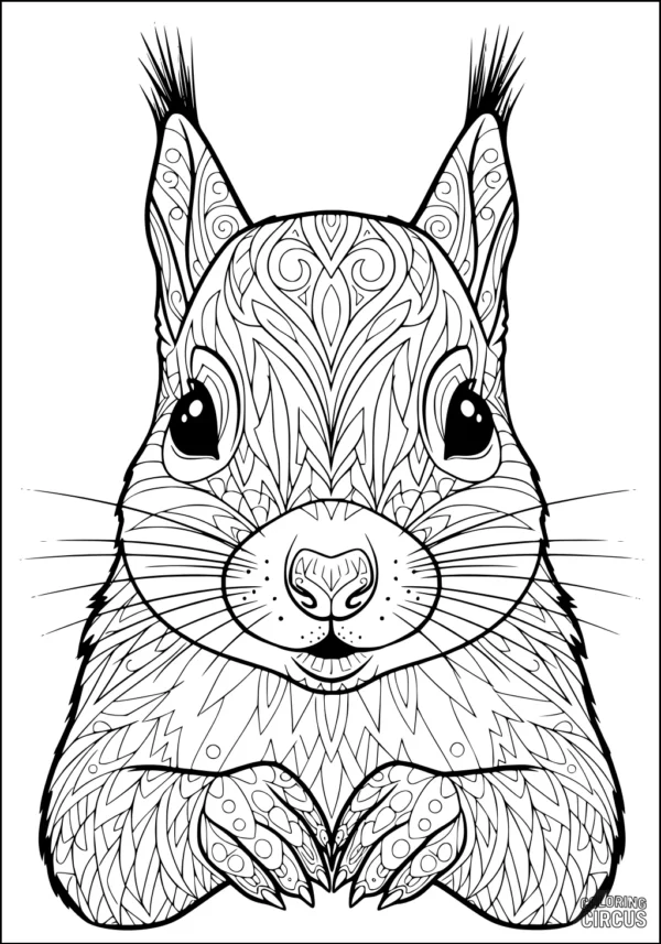 Coloring page showing an intricately patterned squirrel with large eyes and detailed fur for advanced coloring