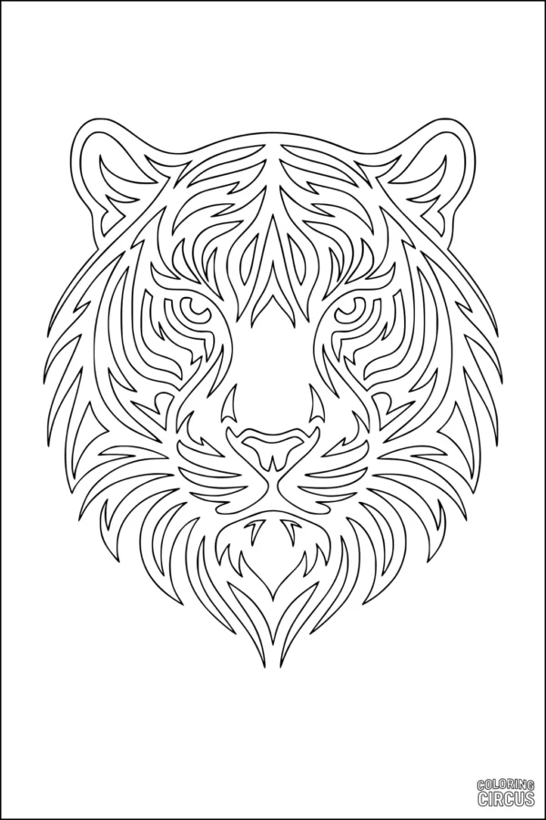 Coloring page showing a detailed patterned tiger face for kids