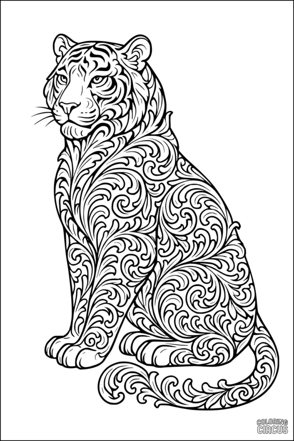 Coloring page of a detailed tiger with ornate swirling patterns across its body, suitable for older children and adults.