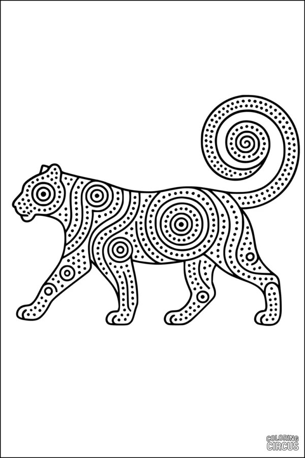 Coloring page featuring a tiger with swirly patterned fur and dotted details, in an abstract style for children
