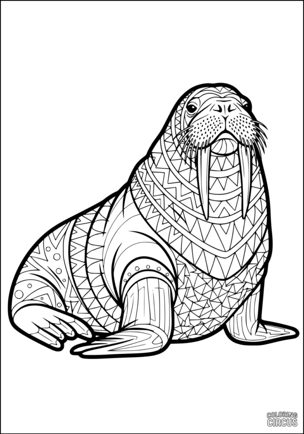 Coloring page of a walrus with detailed geometric patterns and decorative lines throughout its body
