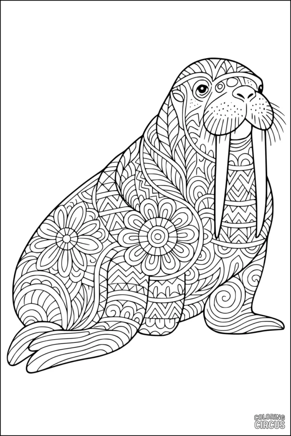 Coloring page featuring a mandala-style walrus decorated with intricate floral and geometric patterns