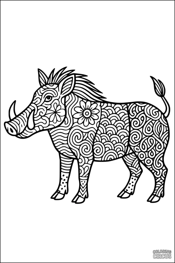 Coloring page of a patterned warthog with intricate floral and swirl designs