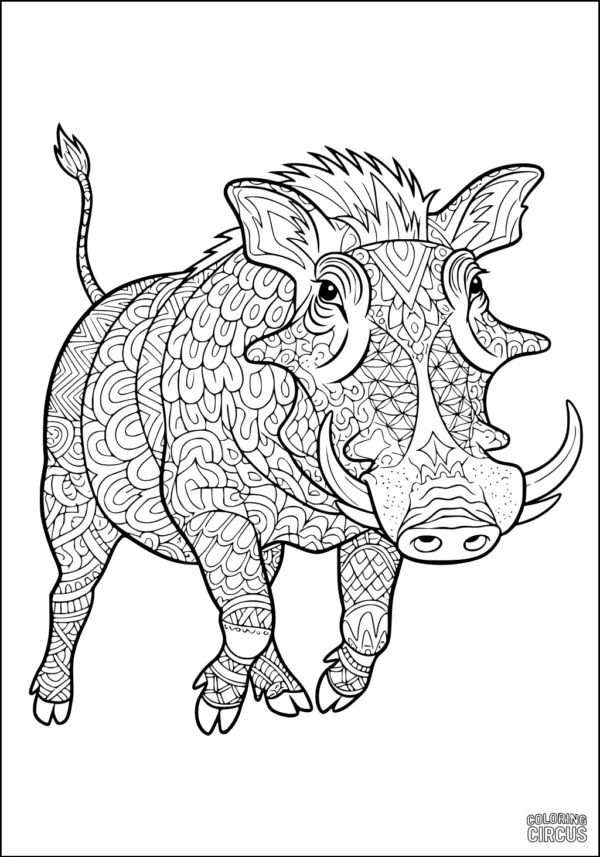 Coloring page of a patterned warthog with decorative zentangle designs for kids and adults