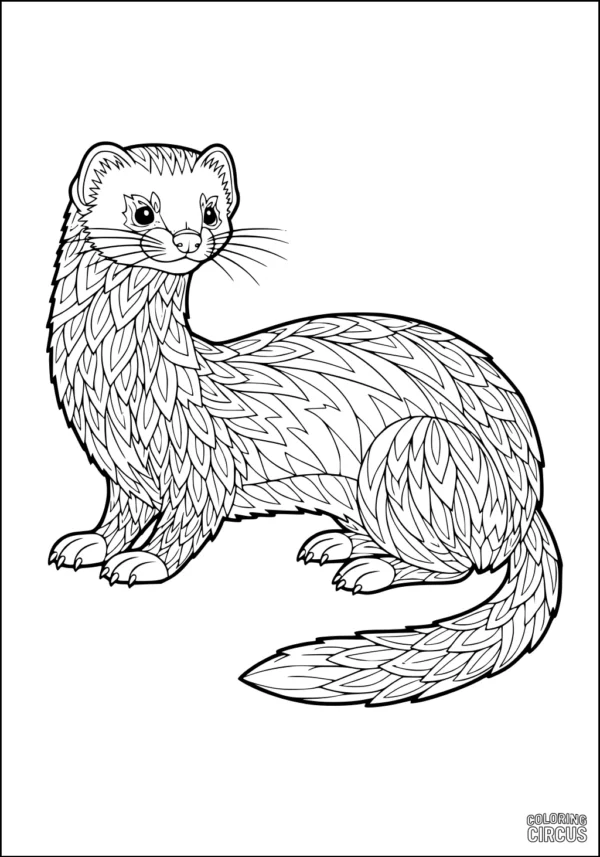 Coloring page showing a detailed weasel with intricate leaf patterns on its fur, designed for children.