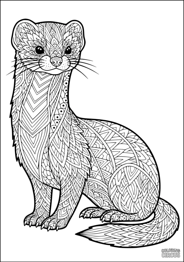 Coloring page of a weasel with intricate patterned fur