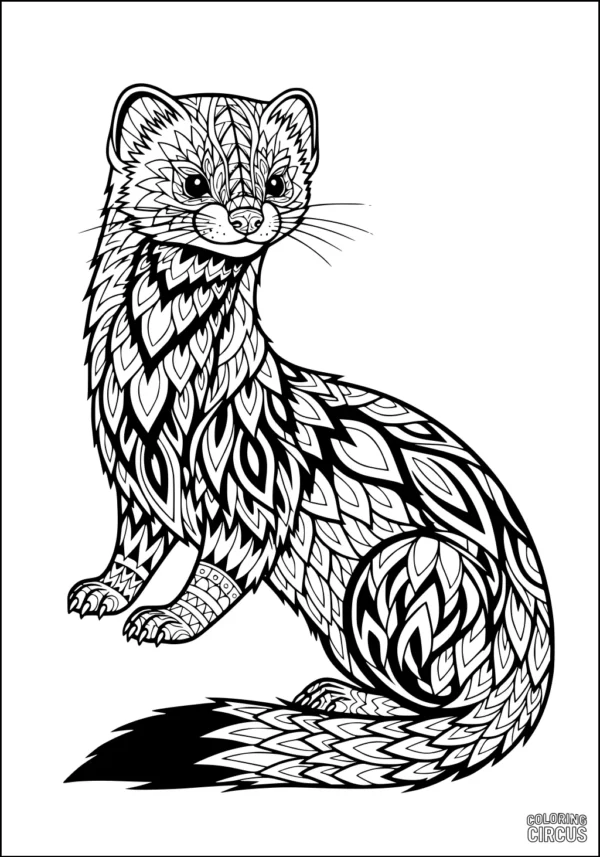 Coloring page featuring a stylized weasel decorated with intricate leaf-like patterns, suitable for older children