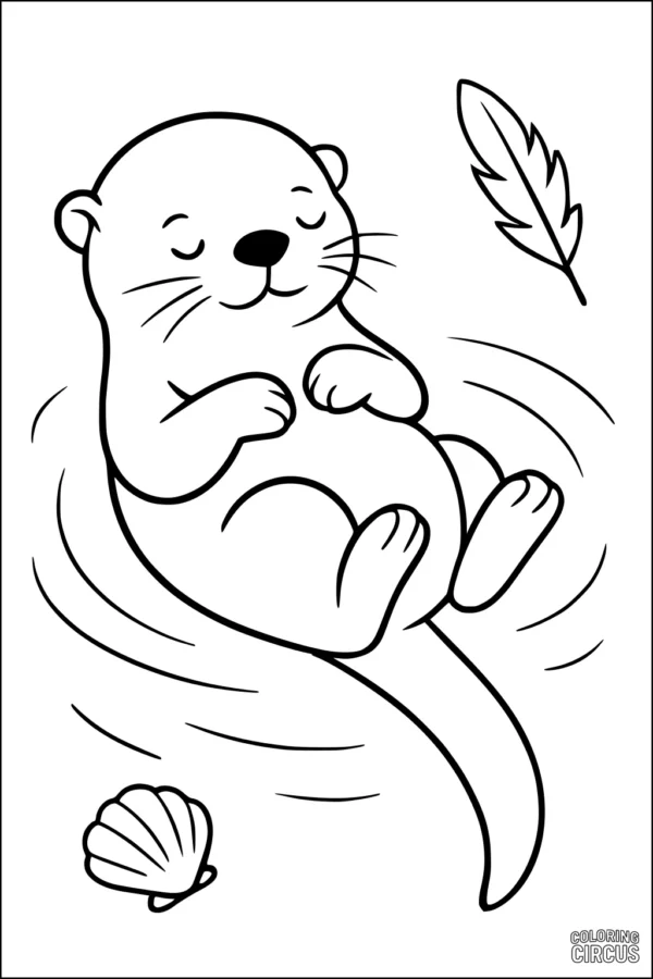 Coloring page of a cute otter floating on a calm river with a feather and shell nearby
