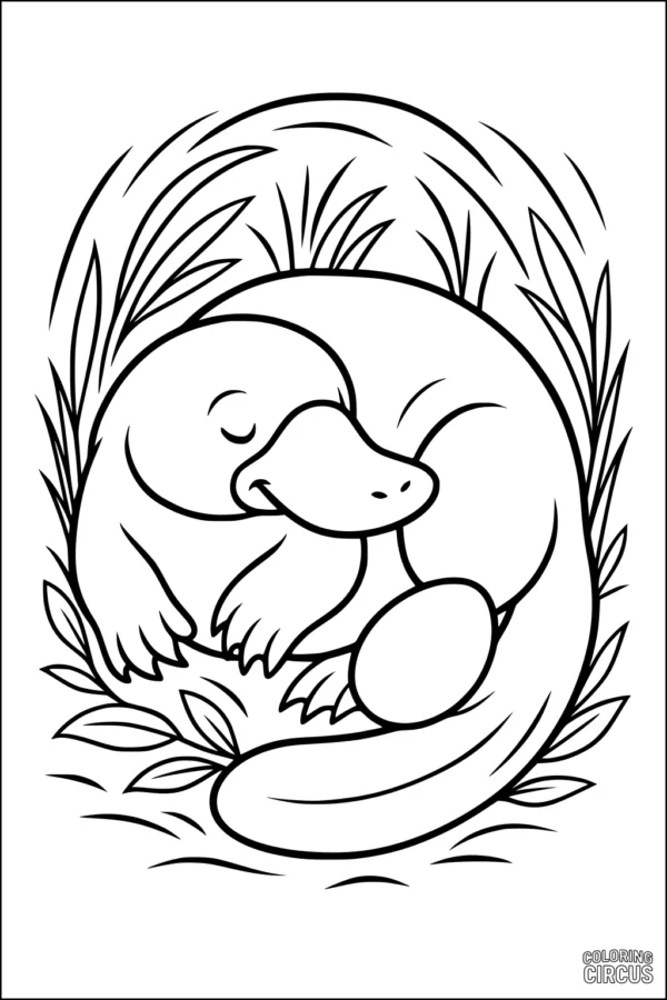 Coloring page featuring a cute platypus sleeping curled up in grass by a riverbank