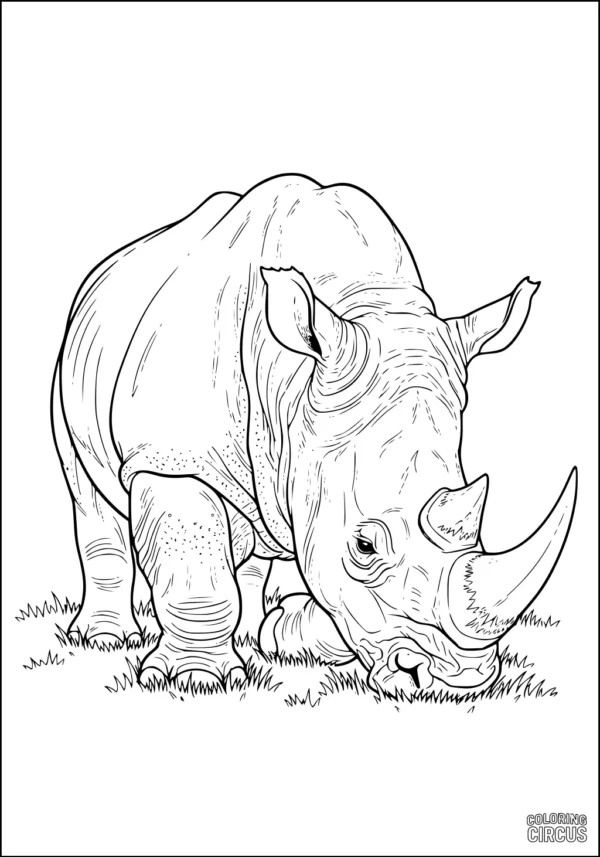 Coloring page featuring a realistic rhinoceros grazing in grass, suitable for kids interested in wildlife