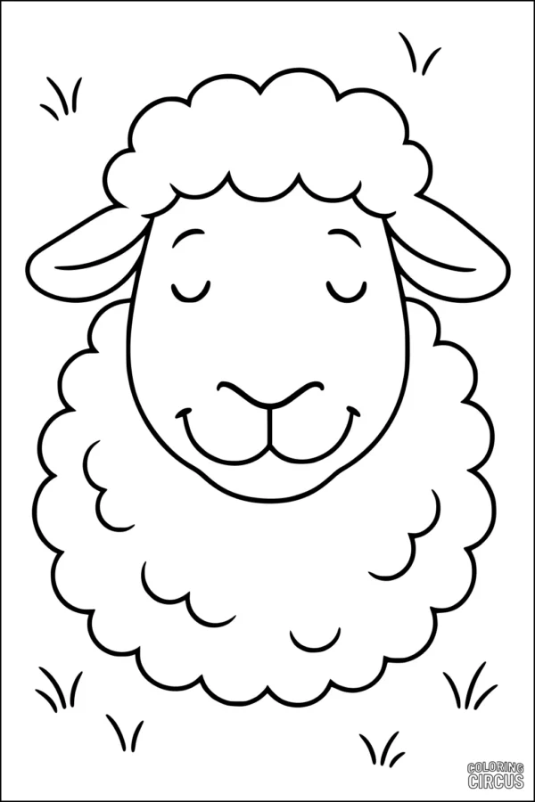 Coloring page of a peaceful, smiling sheep with fluffy wool, closed eyes, and tufts of grass