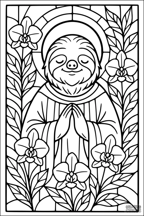 Coloring page of a peaceful sloth with closed eyes, sitting among orchid flowers and jungle leaves in a stained-glass style frame.