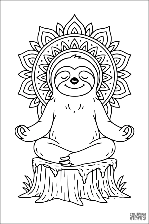 Coloring page of a smiling sloth meditating on a tree stump with a mandala background