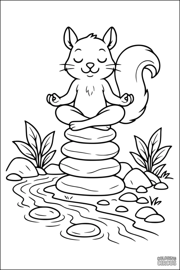 Coloring page of a meditating cartoon squirrel sitting on stacked rocks by a stream with plants