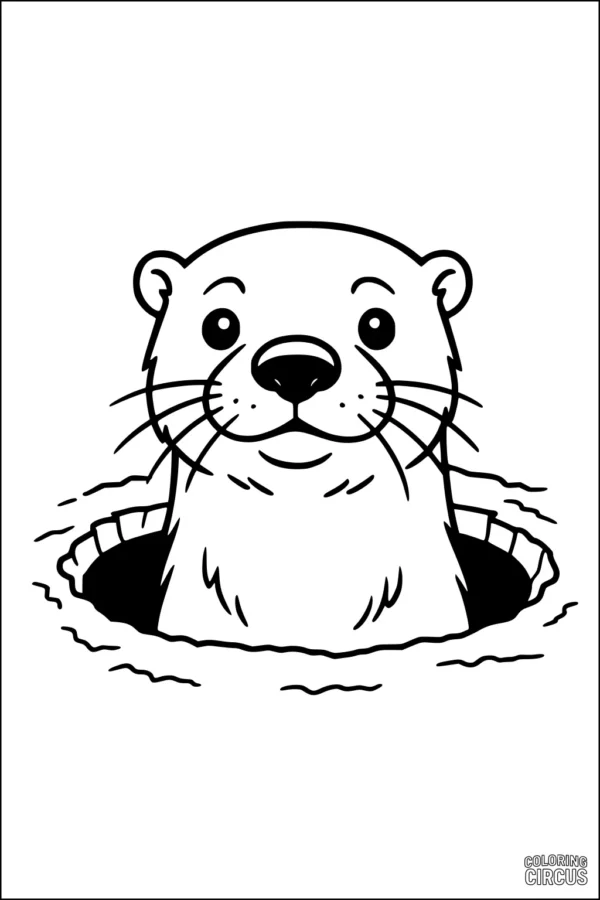 Coloring page of a cute otter peeking out of a hole for kids