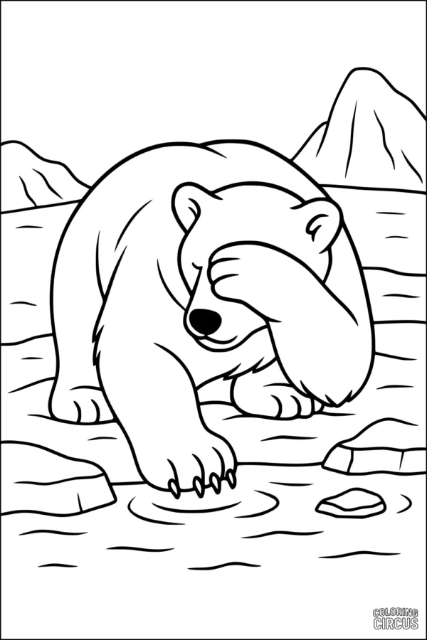Coloring page of a cartoon polar bear covering its eyes with mountains and ice in the background