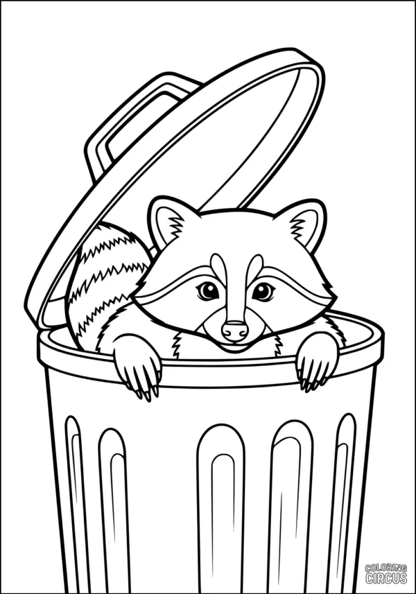 Coloring page with a cute raccoon peeking out of a recycling bin, designed for young children