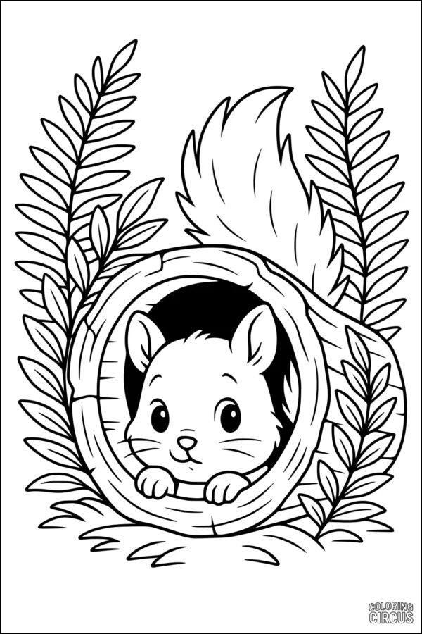 Coloring page showing a cute squirrel peeking out of a log surrounded by leafy branches
