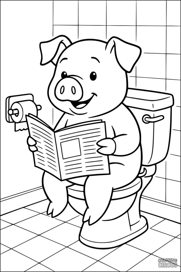 Coloring page of a happy cartoon pig reading on the toilet in a tiled bathroom