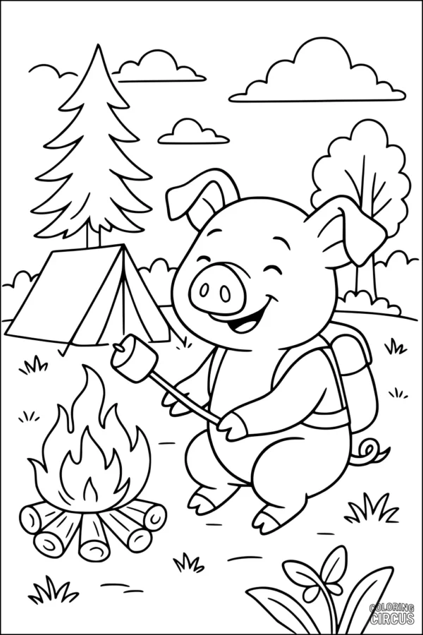 Coloring page of a pig roasting a marshmallow at a campsite with a tent, trees, and campfire.
