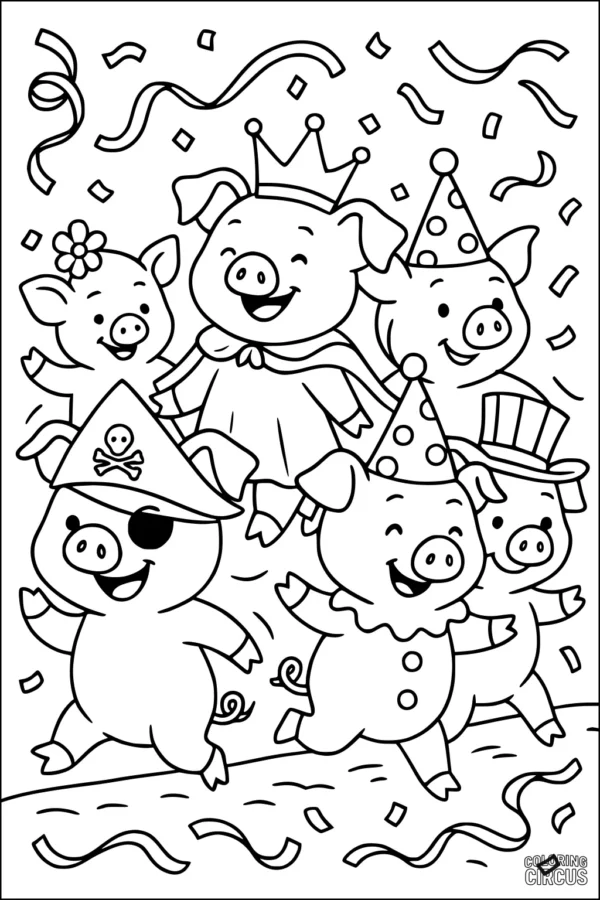 Coloring page with six cartoon pigs in party costumes, celebrating with confetti and streamers