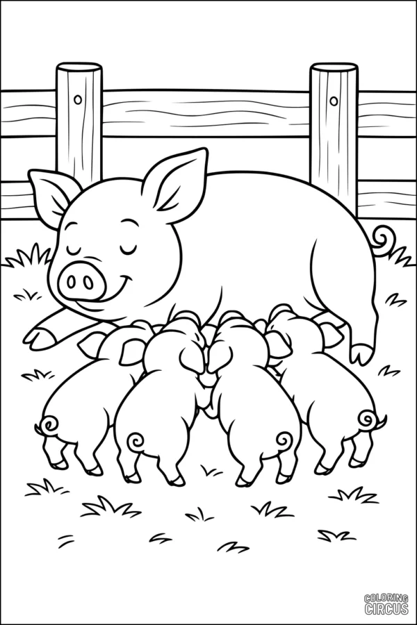 Coloring page featuring a mother pig and piglets by a fence on a farm