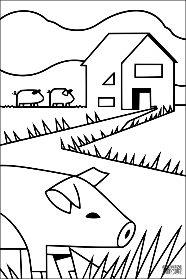 Coloring page showing a pig on a grassy farm with two more pigs and a house in the background