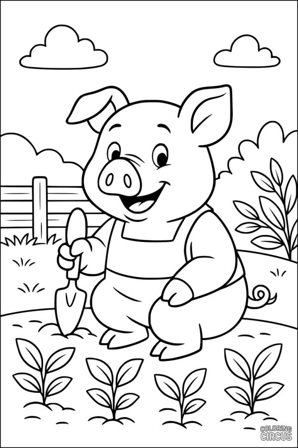 Coloring page of a smiling cartoon pig planting in a garden with a trowel, surrounded by plants and a farm background