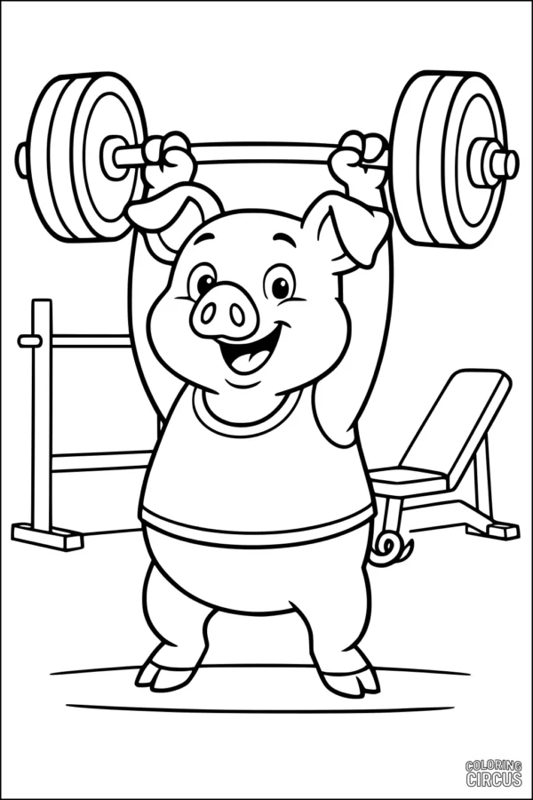 Coloring page with a cartoon pig lifting weights in a gym