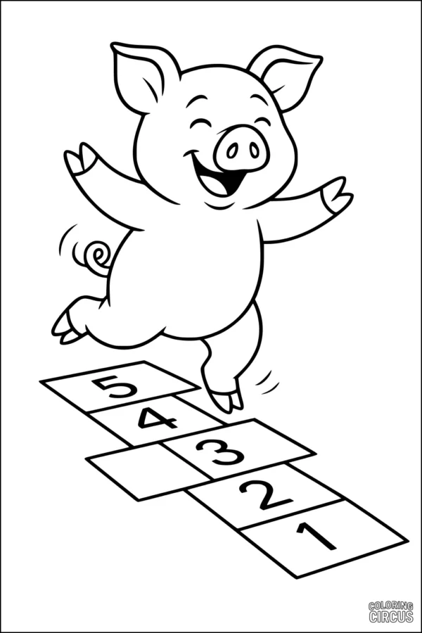 Coloring page featuring a happy cartoon pig joyfully playing hopscotch on numbered squares