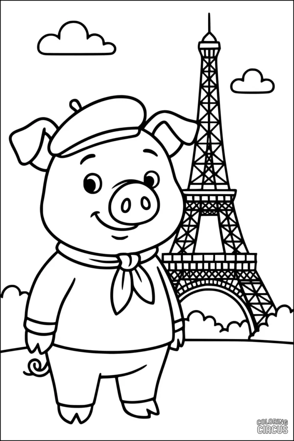 Coloring page featuring a smiling pig with a beret and scarf standing in front of the Eiffel Tower in Paris