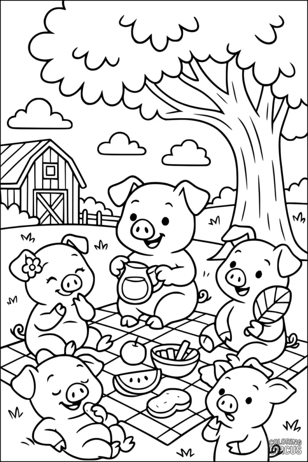 Coloring page of five piglets enjoying a picnic under a tree on a farm with a barn in the background