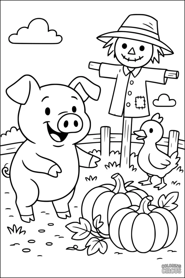 Coloring page featuring a happy pig, duck, scarecrow, pumpkins, and a farmyard scene