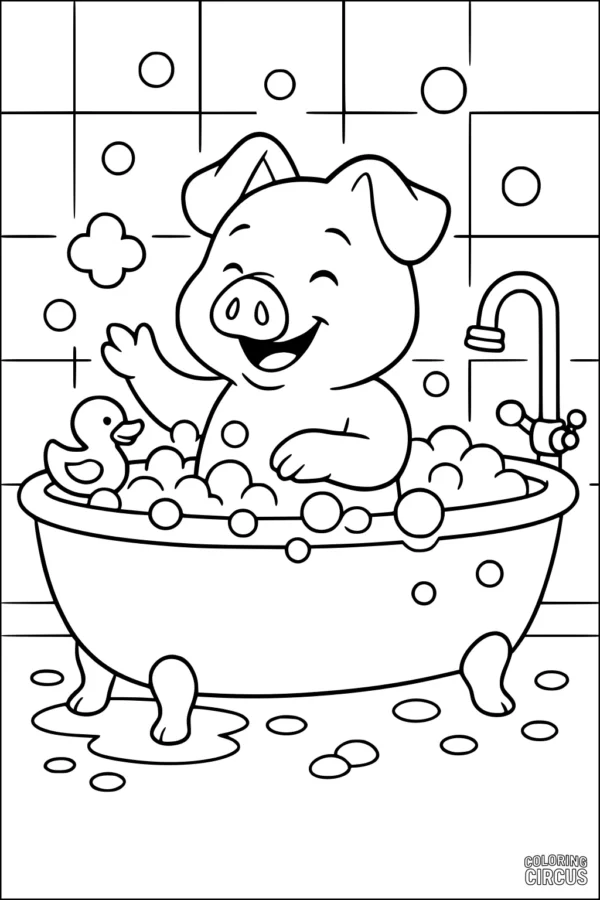 Coloring page of a happy pig taking a bubbly bath in a bathtub with a rubber duck and playful bubbles