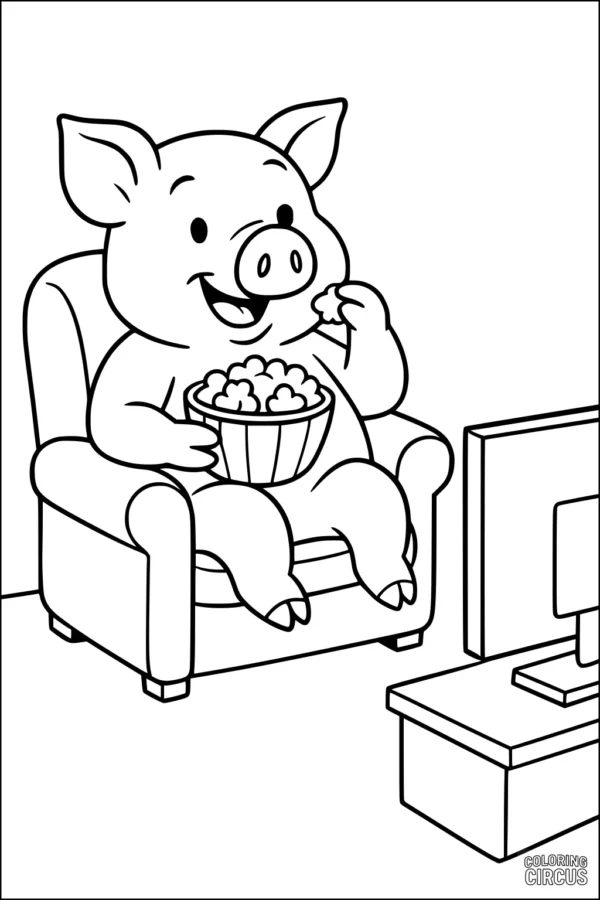 Coloring page of a cute pig sitting on an armchair, eating popcorn, and watching TV