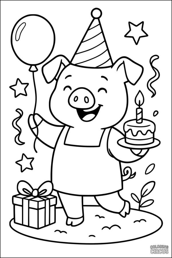 Coloring page of a happy piglet wearing a party hat, holding a balloon and birthday cake, surrounded by stars, a gift box, and streamers