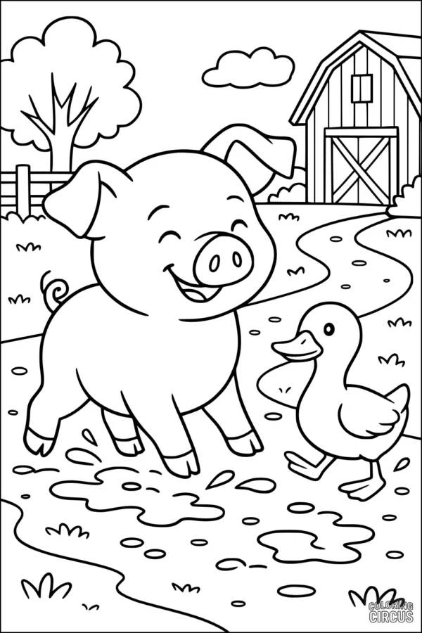 Coloring page of a smiling pig and duck on a farm with barn and puddles