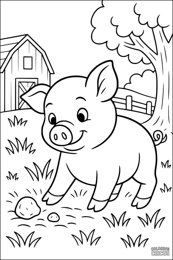Coloring page showing a smiling piglet on a grassy farm near a barn and tree